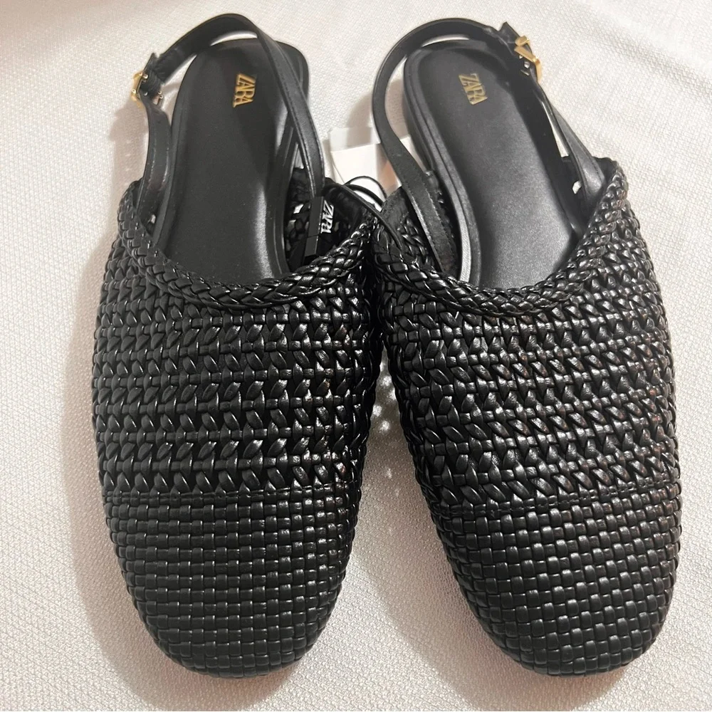 ZARA Woven Slingback Flats 9 Black NWT